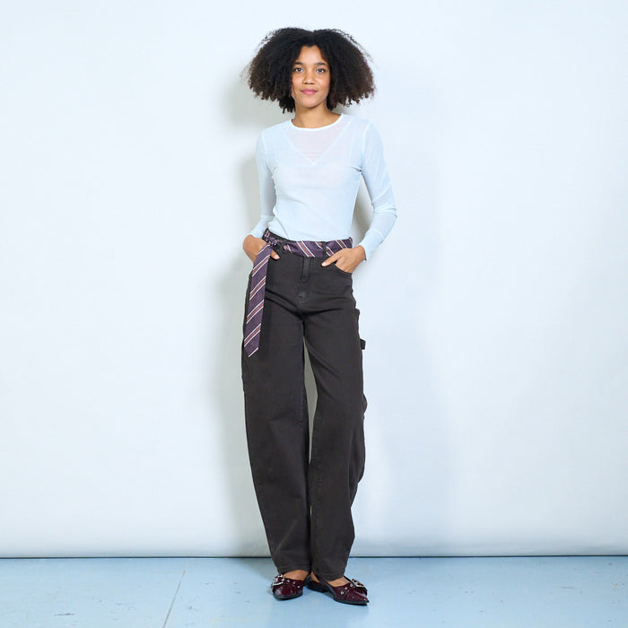 Relaxed straight-leg pants with striped tie belt detail wholesale