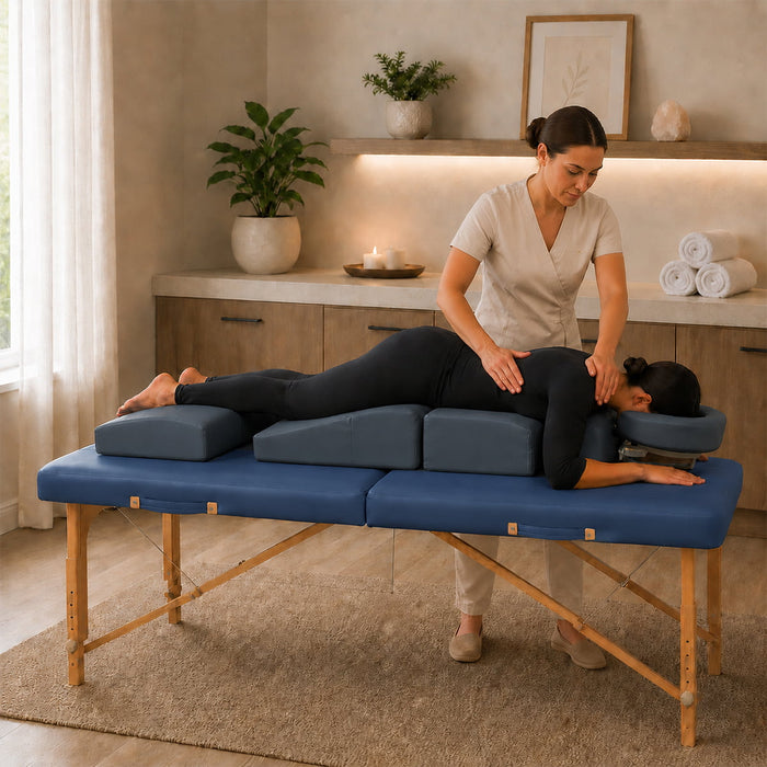 Relaxus 4-piece pregnancy support cushion and headrest Pregnancy support cushion for massage table
Prenatal massage cushion in Agate Blue Face-down pregnancy massage support system Pregnancy bolster set with split leg support
Portable prenatal massage cushion with carry bag Ergonomic pregnancy massage headrest and cushion
Professional pregnancy support cushion for spas and clinics