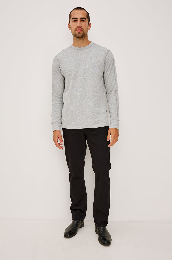 Rheese Long Sleeve Tee in French Rib Cotton With Crew Neckline, Classic Fit, and Seam Detailing in Grey Heather Colorway - Full Body Front View Featured on Model