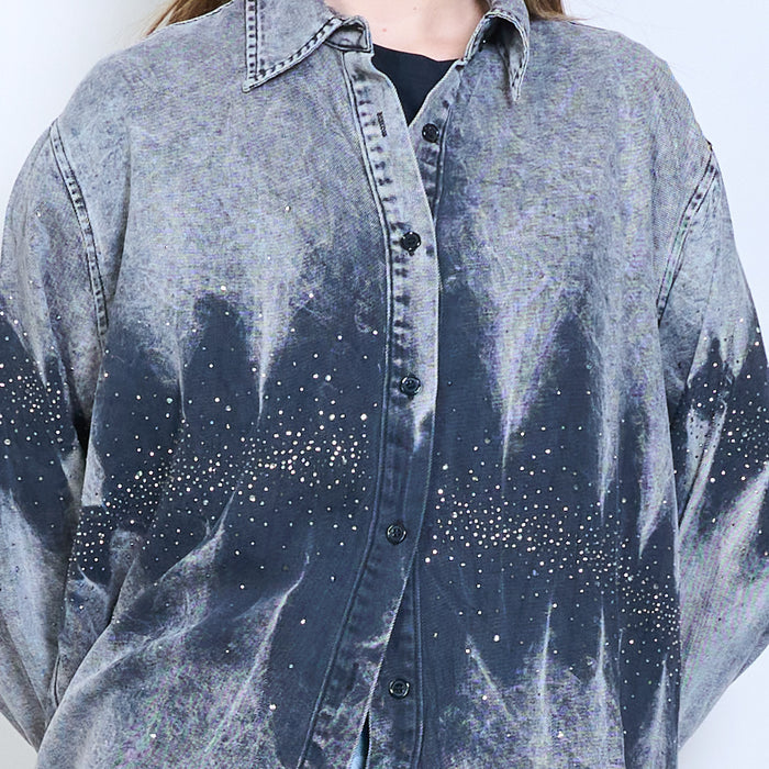 Rhinestone embellished long sleeve button front shirt jacket wholesale