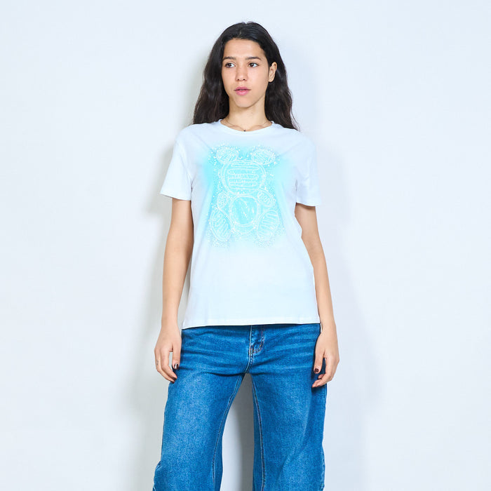 Rhinestone teddy bear graphic print round neck short sleeve t-shirt wholesale