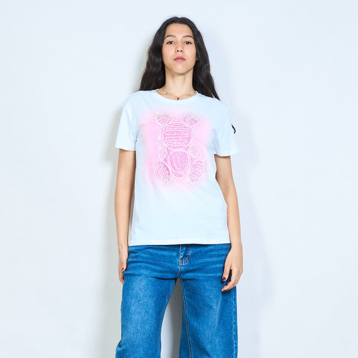 Rhinestone teddy bear graphic print round neck short sleeve t-shirt wholesale
