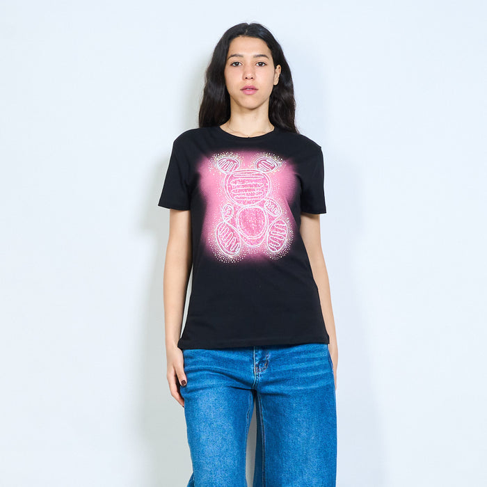 Rhinestone teddy bear graphic print round neck short sleeve t-shirt wholesale