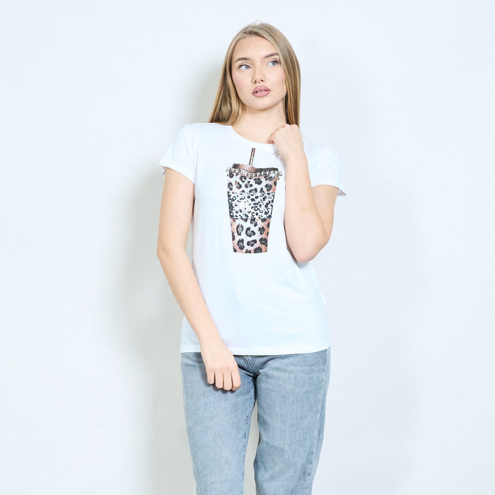 Rhinestones animalia edit leopard cup graphic printed t-shirt wholesale