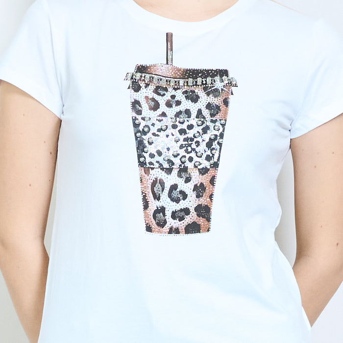 Rhinestones animalia edit leopard cup graphic printed t-shirt wholesale