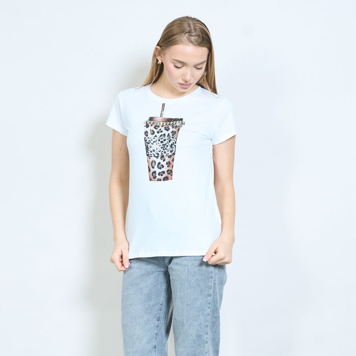 Rhinestones animalia edit leopard cup graphic printed t-shirt wholesale