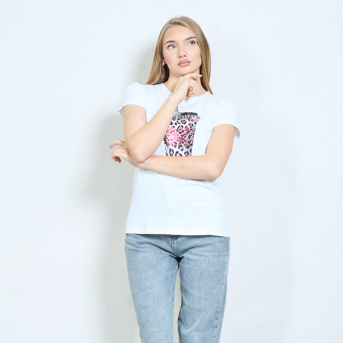 Rhinestones animalia edit leopard cup graphic printed t-shirt wholesale
