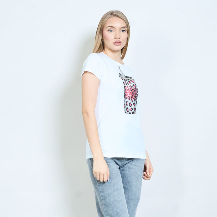 Rhinestones animalia edit leopard cup graphic printed t-shirt wholesale
