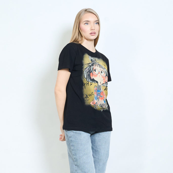 Rhinestones cartoon girl sketch graphic printed t-shirt wholesale