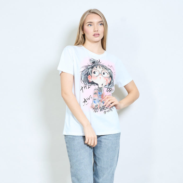 Rhinestones cartoon girl sketch graphic printed t-shirt wholesale