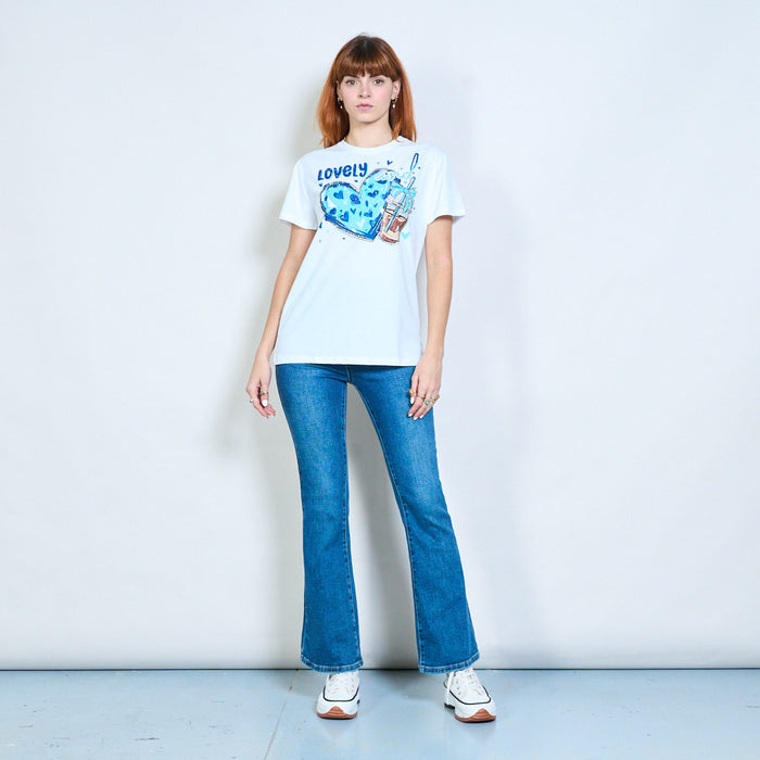 Rhinestones heart and drink graphic printed t-shirt wholesale