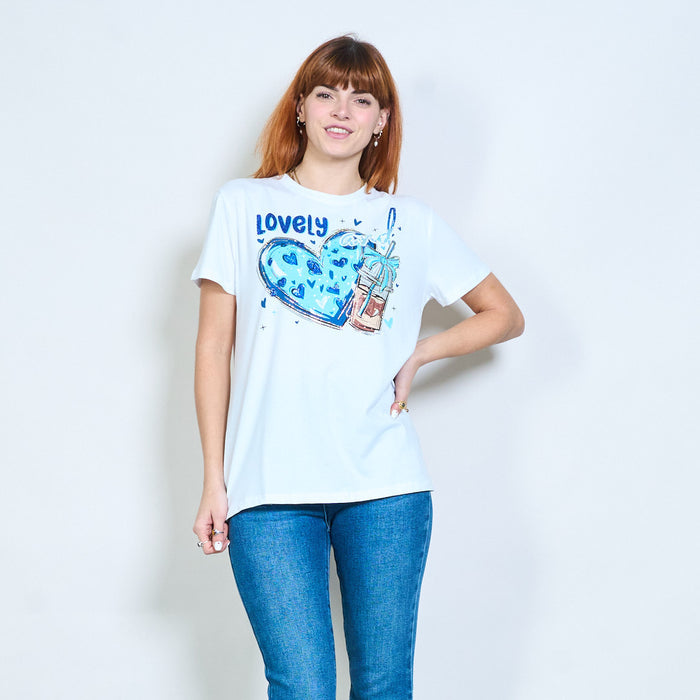 Rhinestones heart and drink graphic printed t-shirt wholesale