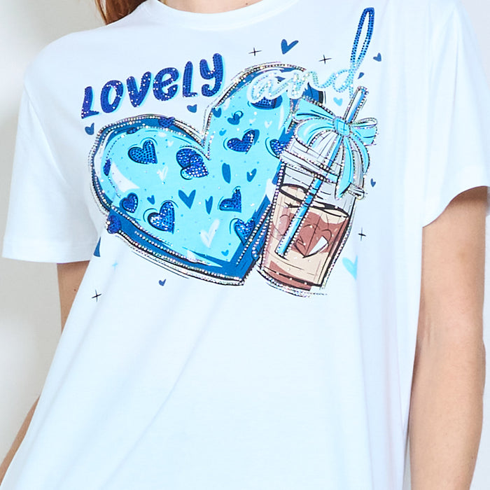 Rhinestones heart and drink graphic printed t-shirt wholesale