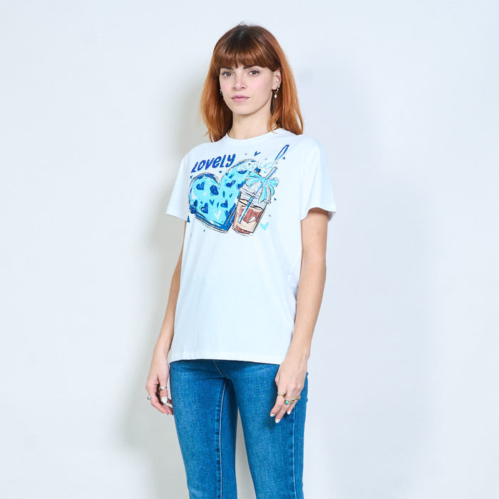 Rhinestones heart and drink graphic printed t-shirt wholesale