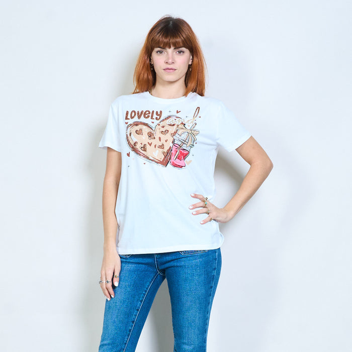 Rhinestones heart and drink graphic printed t-shirt wholesale