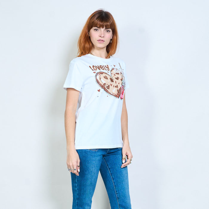 Rhinestones heart and drink graphic printed t-shirt wholesale