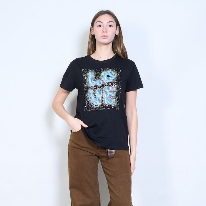 Rhinestones "Love" denim patch letter graphic printed t shirt wholesale