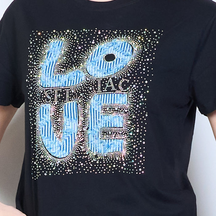 Rhinestones "Love" denim patch letter graphic printed t shirt wholesale