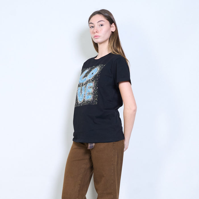 Rhinestones "Love" denim patch letter graphic printed t shirt wholesale