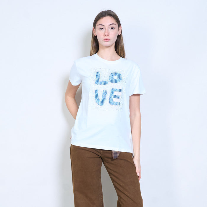 Rhinestones "Love" denim patch letter graphic printed t shirt wholesale