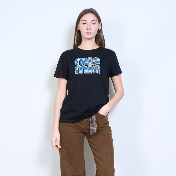 Rhinestones "Mia mia" denim patch letter graphic printed t shirt wholesale