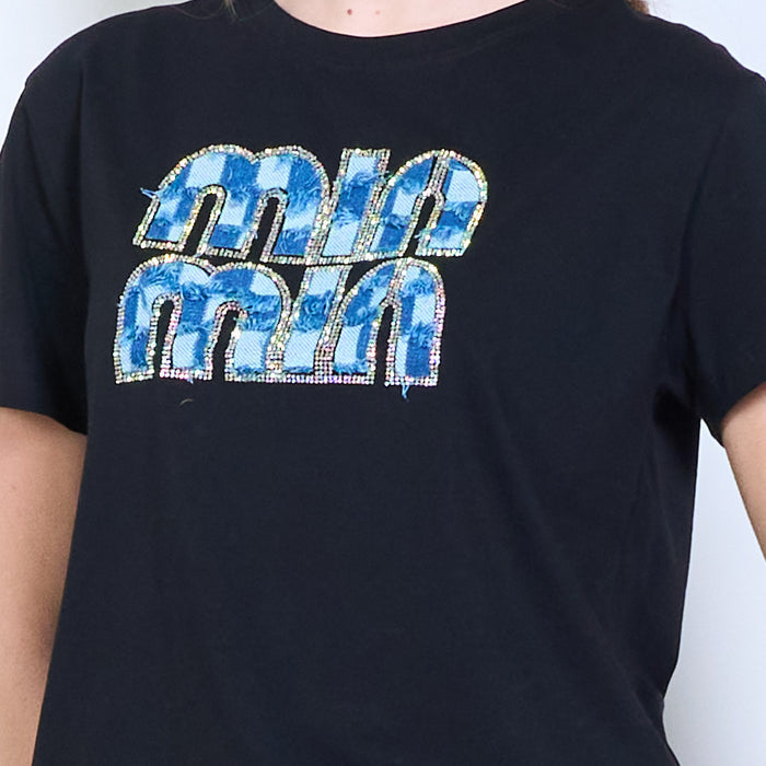 Rhinestones "Mia mia" denim patch letter graphic printed t shirt wholesale