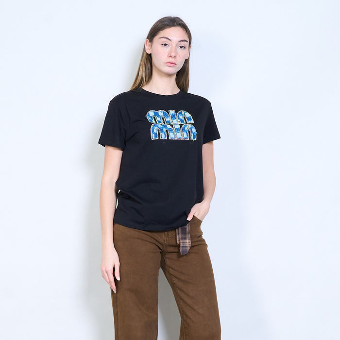 Rhinestones "Mia mia" denim patch letter graphic printed t shirt wholesale