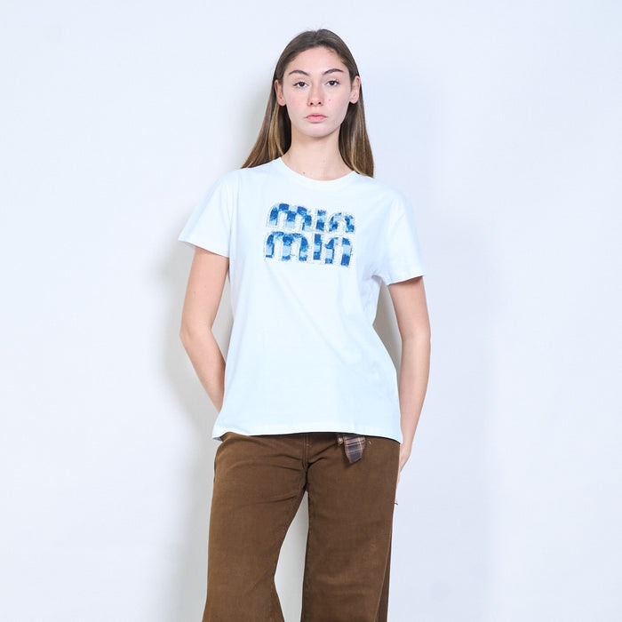 Rhinestones "Mia mia" denim patch letter graphic printed t shirt wholesale