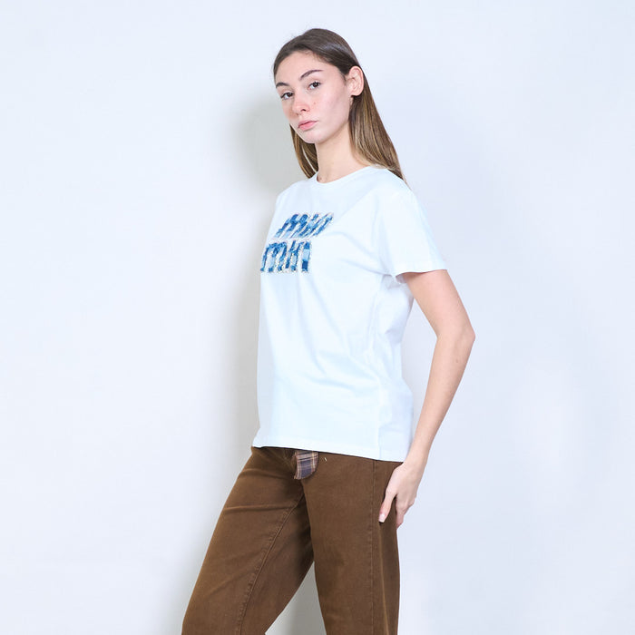 Rhinestones "Mia mia" denim patch letter graphic printed t shirt wholesale