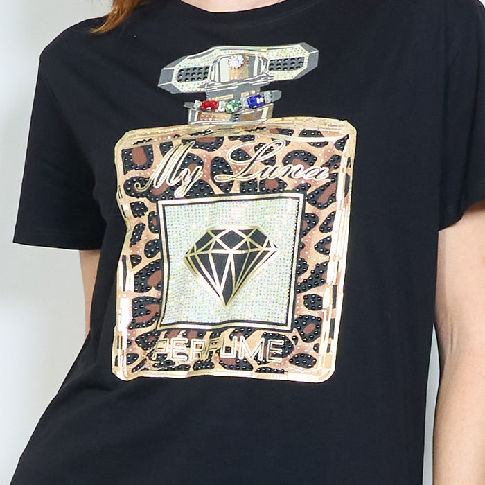 Rhinestones perfume bottle graphic printed t-shirt wholesale