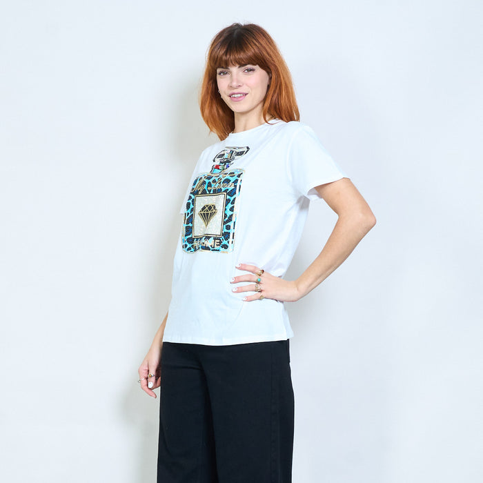 Rhinestones perfume bottle graphic printed t-shirt wholesale