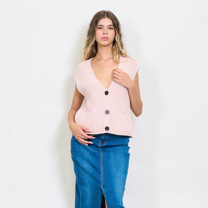 Ribbed button-down knitted vest with front pockets wholesale