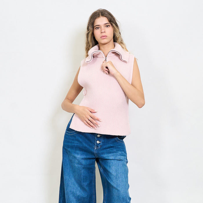 Ribbed sleeveless zip-collar knit top with side slits wholesale