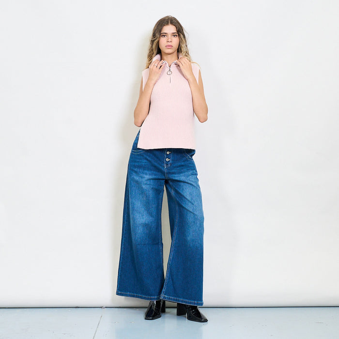 Ribbed sleeveless zip-collar knit top with side slits wholesale