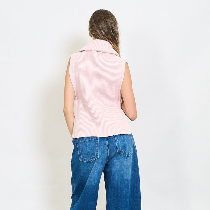 Ribbed sleeveless zip-collar knit top with side slits wholesale
