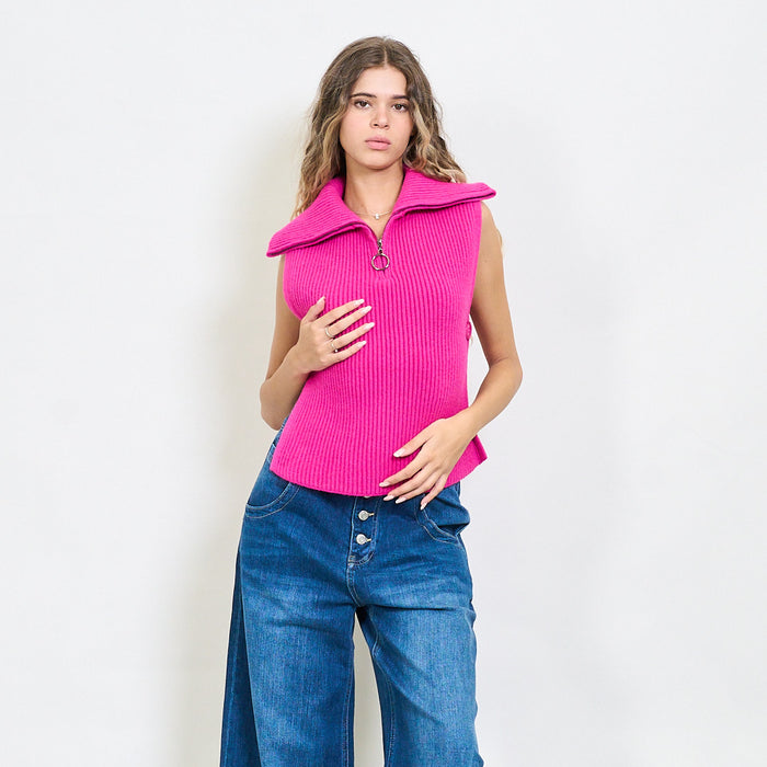 Ribbed sleeveless zip-collar knit top with side slits wholesale