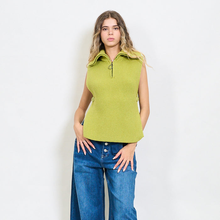 Ribbed sleeveless zip-collar knit top with side slits wholesale