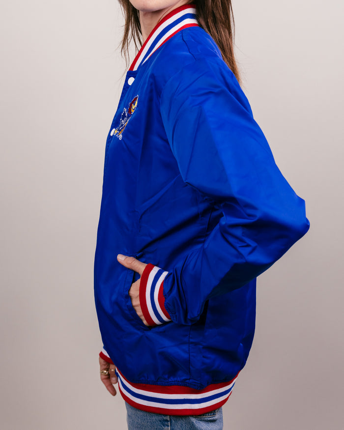 Royal Blue Rock Chalk Jayhawk KU Varsity Jacket Side