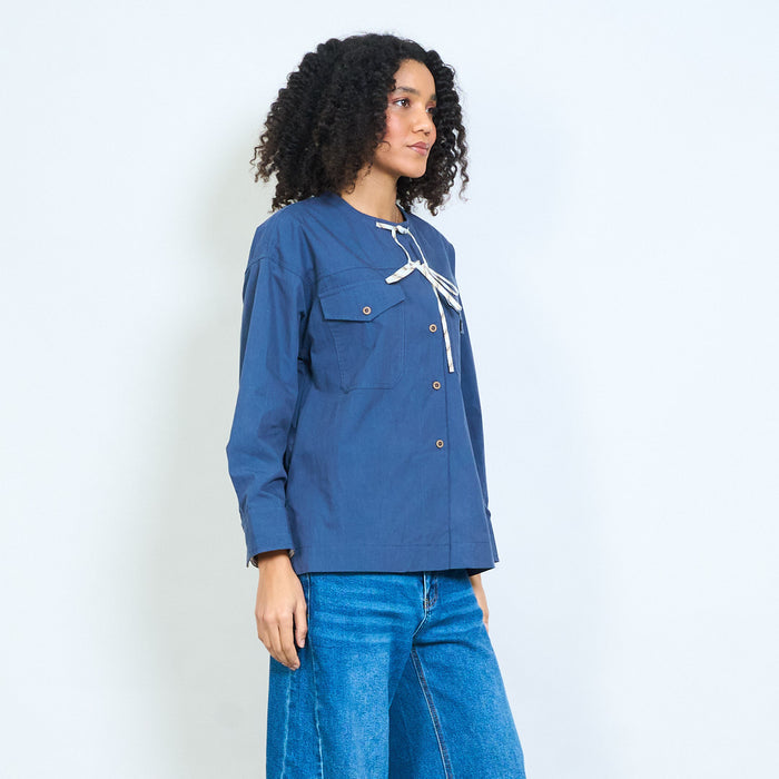 Round neck utility pocket tie detail shirt wholesale