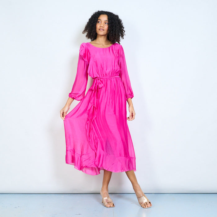 Ruffle drape tie-waist long sleeve flowy midi dress with soft cascade hem wholesale
