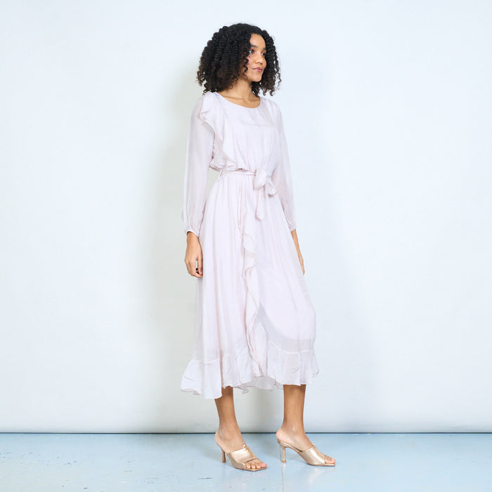Ruffle drape tie-waist long sleeve flowy midi dress with soft cascade hem wholesale