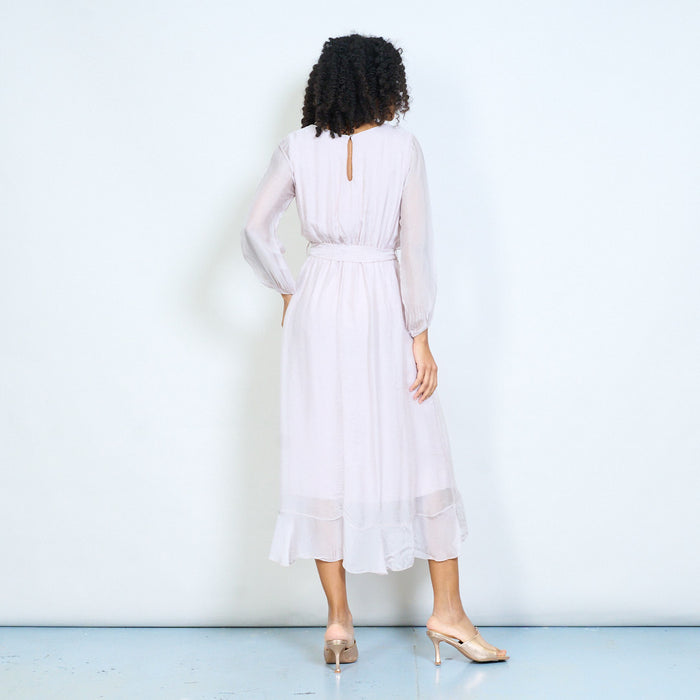 Ruffle drape tie-waist long sleeve flowy midi dress with soft cascade hem wholesale