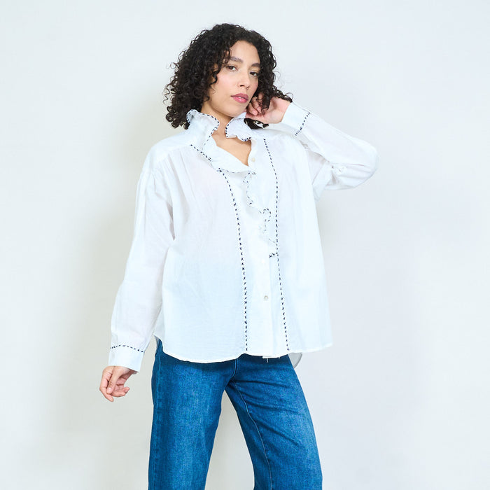 Ruffle front embroidered detail long sleeve blouse wholesale