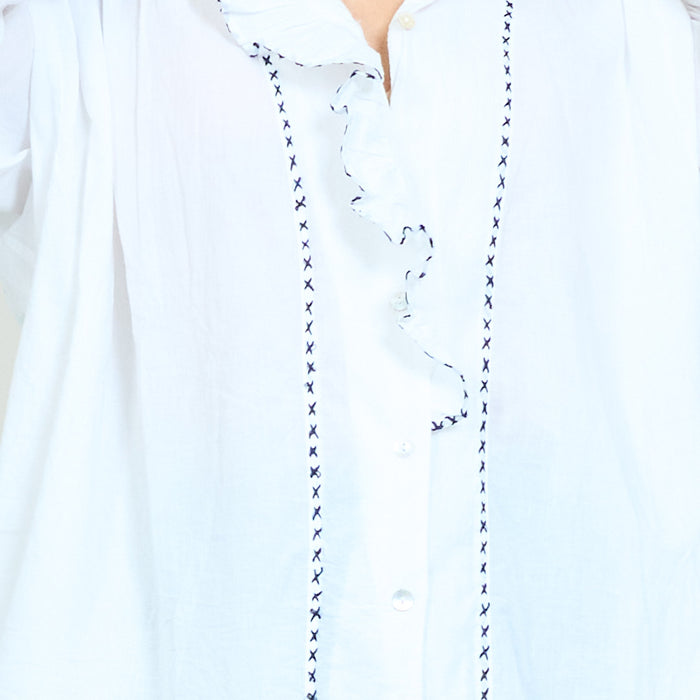 Ruffle front embroidered detail long sleeve blouse wholesale