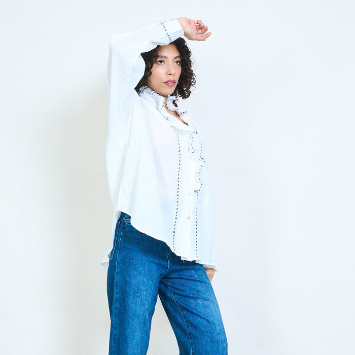 Ruffle front embroidered detail long sleeve blouse wholesale