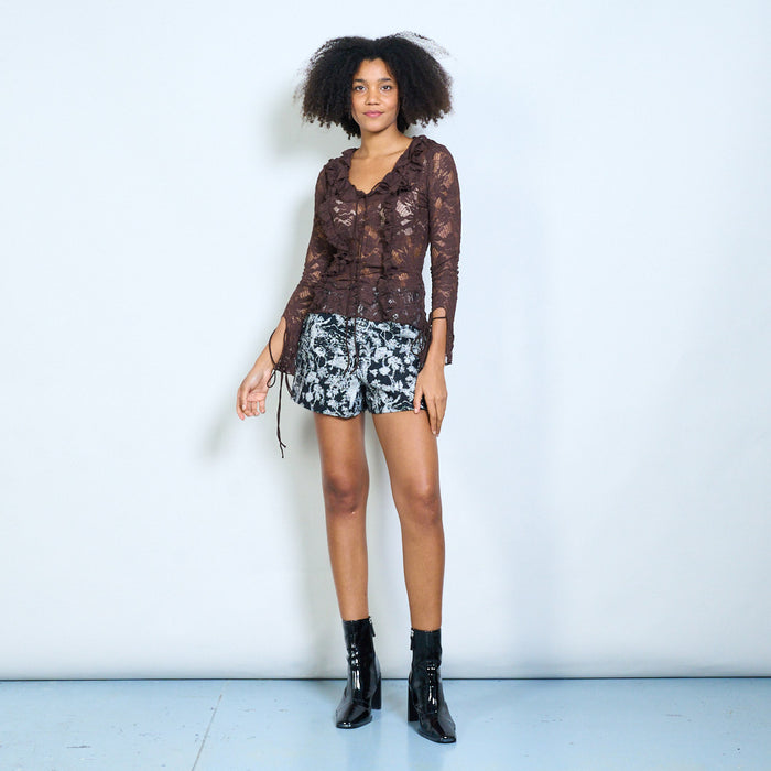 Ruffled floral lace tie-front sheer blouse wholesale