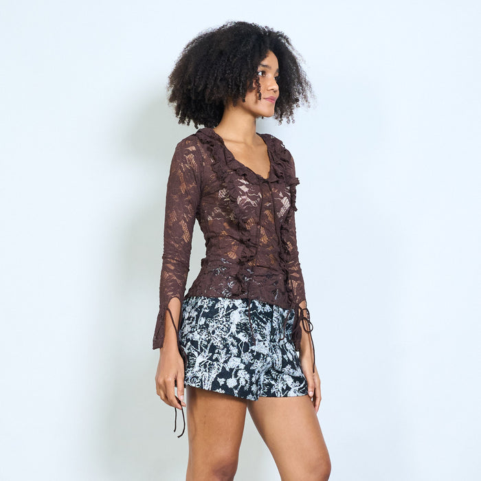 Ruffled floral lace tie-front sheer blouse wholesale