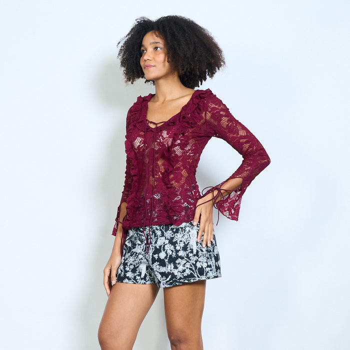 Ruffled floral lace tie-front sheer blouse wholesale
