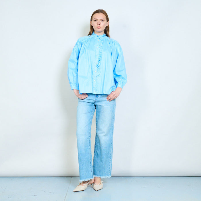 Ruffled stand collar button front blouse with gathered shoulders wholesale