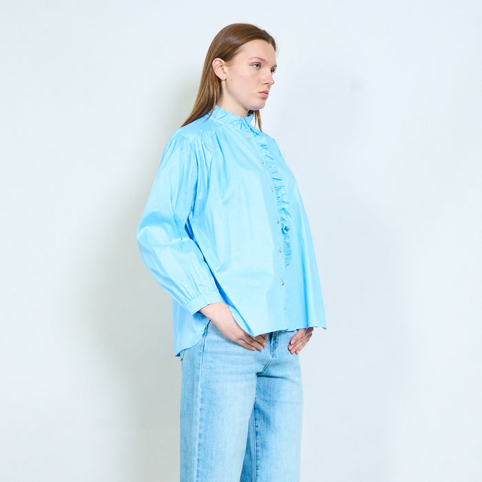 Ruffled stand collar button front blouse with gathered shoulders wholesale